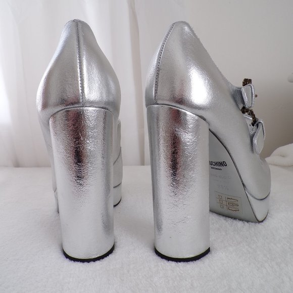 Moschino Metallic Crackle Leather Ornate Buckle Block Heel Platform Pump Lux NIB - Picture 5 of 16